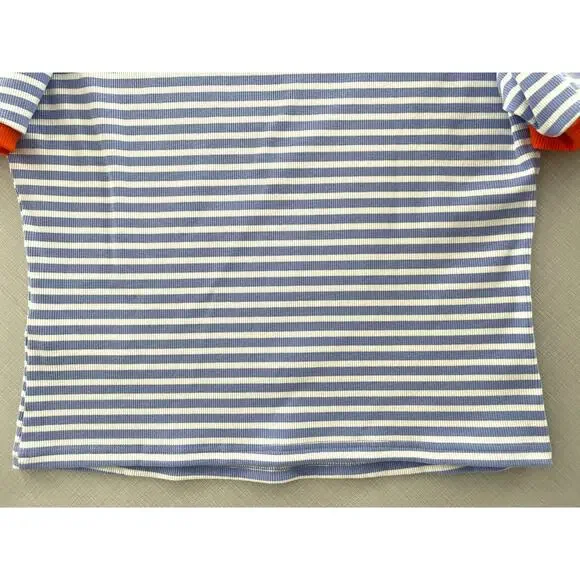 Maeve Anthropologie Sz XL Puff Sleeve Ribbed T-Shirt Blue Striped Casual Preppy - Picture 10 of 12